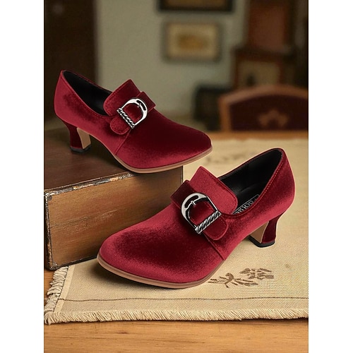  Women's 1920s Edwardian Burgundy Velvet Buckle Loafers Low Heel Vintage Shoes – Retro Elegant Dress Footwear for Ladies Formal , Evening Occasions and Gatsby Party