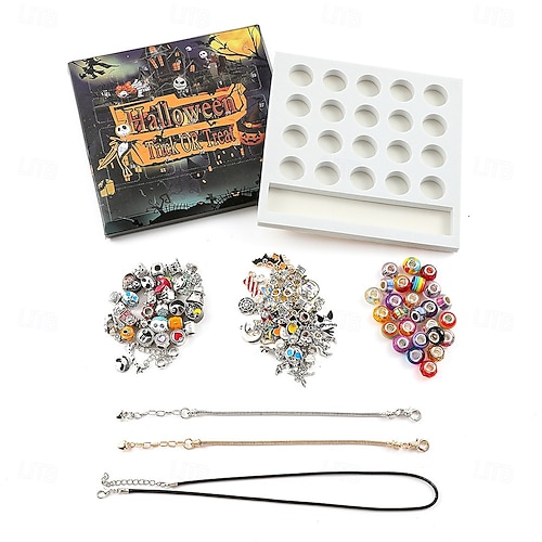  Halloween Advent Calendar Halloween Treasures Charm Bracelet 24 Days DIY Jewelry Making Kit with 20 Charm Beads and 3 Adjustable Bracelets, Xmas Countdown Gift for Kids Teens Women