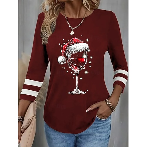  Damen Hemd Bluse Weinglas Lässig Langarm Rundhalsausschnitt Normale Oberteile Weihnachten Täglich Patchwork Schwarz Wein Blau Grün Herbst Winter