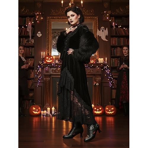  Dámské viktoriánské halloweenské šněrovací kotníkové boty – černé retro kožené botičky na podpatku s potiskem netopýrů, dýní a vlků na kostýmní párty a cosplay