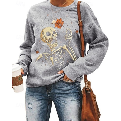 Per donna Felpa Pullover Grafico Teschio Halloween Attivo Moda Streetwear Manica Lunga Girocollo Top Regolari Streetwear Abbigliamento Quotidiano Casuale Stampato Giallo Rosa Blu Grigio Autunno