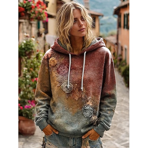  Γυναικείο 3D Εκτύπωση Vintage Boho Φόρεμα Patchwork Φόρεμα Φούτερ Floral Pullover Φούτερ Elegant Ζεστό Active Με Κουκούλα Καθημερινά Ρούχα Patchwork Εκτύπωση Ανοιχτό Μωβ Καφέ Πράσινο Άνοιξη Φθινόπωρο