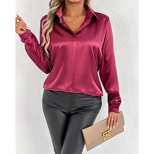  Per donna Camicia Camicia in raso Tinta unica Elegante Essenziale Casual Manica Lunga Colletto a Camicia Top Regolari Quotidiano Uscire Bottoni Rosso Blu marino Blu Reale Primavera Autunno