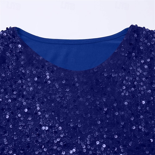  Femmes T-shirt Couleur Unie Mode Élégant Classique manche longue Col rond Hauts Réguliers Quotidien Week-end Paillettes Patchwork Bleu Printemps Automne
