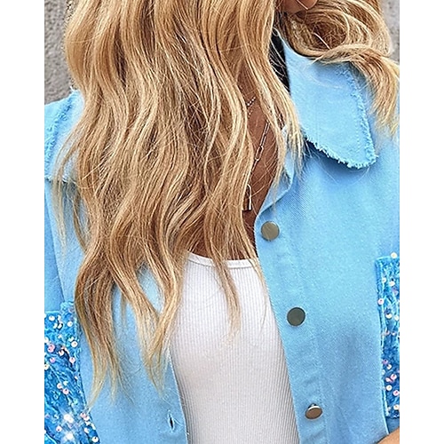  Women's Casual Jacket Comfortable Breathable Pocket Buttons Casual Street Style Color Block Vacation Street Casual Daily Wear Single Breasted Short Turndown Regular Fit Long Sleeve Outerwear Blue