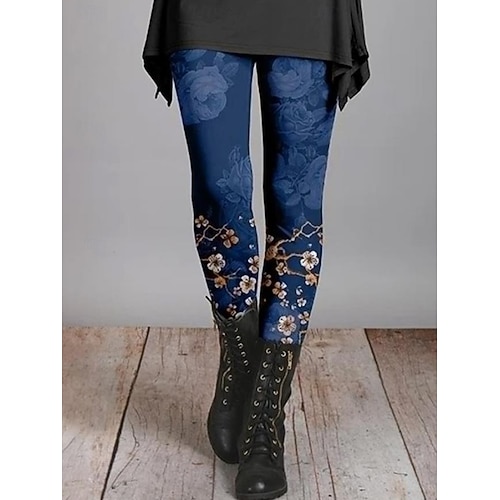  Damskie Getry Urlop Zabytkowe Moda Do kostek Wysoka talia Kwiaty Graficzny Kształt listka Drukowanie Keep Warm Miękka Oddychający Elastyczny Urlop Ulica Czarny Czerwony Granatowy Niebieski Wiosna