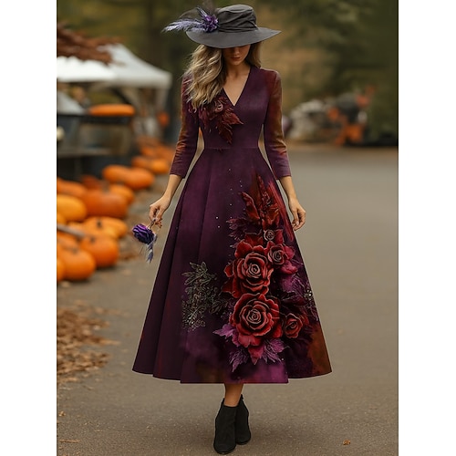 Halloween Per donna Abito Midi Vestito Estivo Abito a trapezio Vestito all'americana Vacanza Casual Matrimonio Feste Compleanno Vestibilità regolare Floreale Grafico Manica 3/4 Scollo a V Borgogna