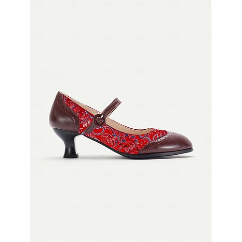 Escarpins Mary Jane en jacquard rouge vintage des années 1950 pour femmes - Chaussures habillées rétro à talon moyen avec motif de brocart floral et bride boutonnée pour les soirées Gatsby, les