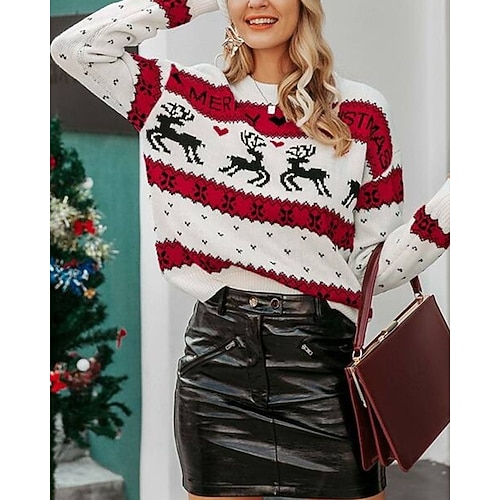  Femmes Pull de Noël Pull Fair Isle Pull Pull Fair Isle Mode Occasionnel Renne de Noël Côtelé Col ras du cou Tricoté Imprimé manche longue Hauts Réguliers Tricoter Noël Extérieur Quotidien Rouge