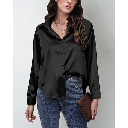  Per donna Camicia Camicia in raso Semplice Elegante Casual Manica Lunga Colletto a Camicia Top Regolari Quotidiano Uscire Bottoni Nero Rosa Vino Rosso Blu marino Primavera Autunno