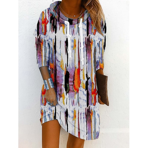 Damen Minikleid Etui-Kleid Shiftkleid Party Lässig Boho Outdoor Heim Sport Lässiger Schnitt Blumen Grafik Langarm Mit Kapuze Gelb Rosa Purpur Grün Frühling Herbst Winter