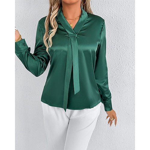  Per donna Camicia Camicia in raso Tinta unica Elegante Casual Manica Lunga Scollo a V Top Regolari Quotidiano Uscire Nodo frontale Verde Grigio chiaro Primavera Autunno
