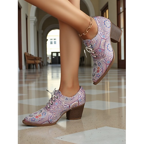  scarpe col tacco oxford stringate con motivo paisley vintage anni '50 da donna - scarpe eleganti con tacco a blocco retrò per professionisti artistici e abbigliamento da ufficio autunnale