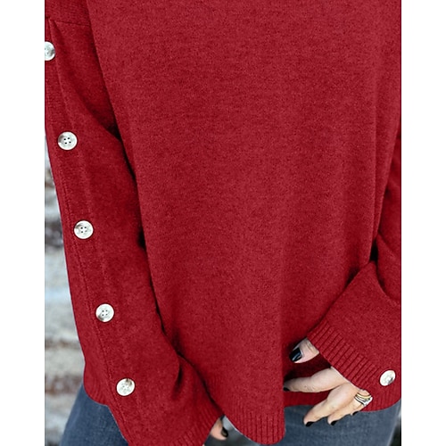  Damen Pullover Mode Streetwear Lässig Einfarbig Gerippt Rollkragen Knöpfe Gestrickt Langarm Normale Oberteile Stricken Outdoor Täglich Wochenende Wein Herbst Winter