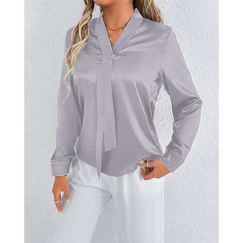  Per donna Camicia Camicia in raso Tinta unica Elegante Casual Manica Lunga Scollo a V Top Regolari Quotidiano Uscire Nodo frontale Verde Grigio chiaro Primavera Autunno
