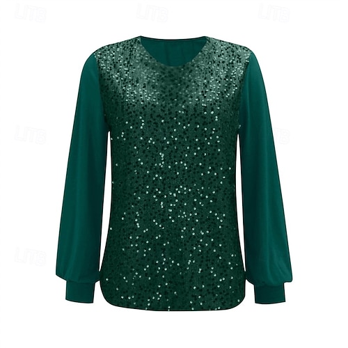  Femmes T-shirt Couleur Unie Mode Élégant Classique manche longue Col ras du cou Hauts Réguliers Quotidien Week-end Paillettes Patchwork Vert Printemps Automne