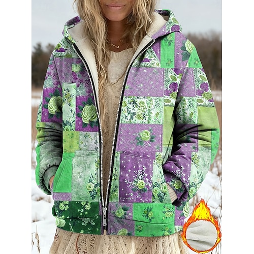  Casaco de Inverno Feminino Jaqueta de Fleece Forrado com Fleece Jaqueta Casual Quente Bolso com Zíper Impressão Moda Casual Floral Rua Casual Ajuste Regular Capuz Ajuste Solto Manga Longa Roupas