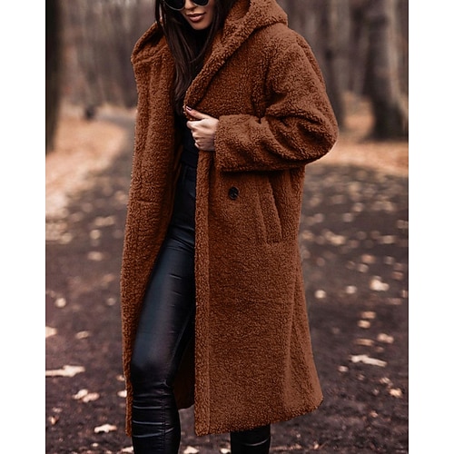  Dames Winterjas Fleecejack Houd Warm Comfortabel Zak Knop Modieus Casual Effen Vakantie Straat Casual Alledaagse kleding Enkele rij knopen Lang Capuchon Normale pasvorm Lange mouw bovenkleding Bruin