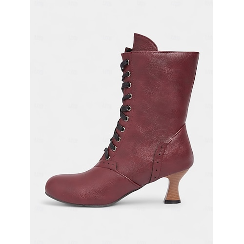  Women's 1950s Brogue Lace-Up Ankle Boots – Vintage Burgundy Leather Low Heel Retro Booties for Elegant Daily, Cosplay and Formal Party Wear