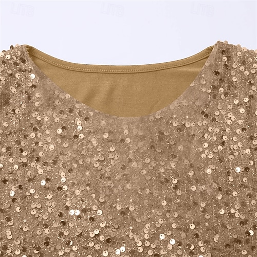  Femmes T-shirt Couleur Unie Mode Élégant Classique manche longue Col rond Hauts Réguliers Quotidien Week-end Paillettes Patchwork Dorée Printemps Automne