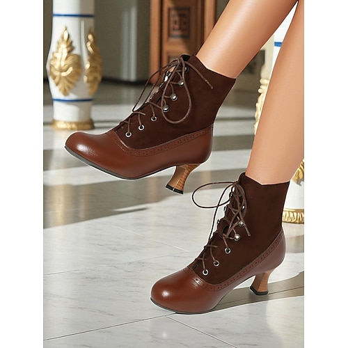  Botas femininas estilo vitoriano vintage, estilo anos 1920, com cadarço – botas de salto bicolores, marrom e verde-oliva, com detalhes em brogue para cosplay, steampunk e looks de outono