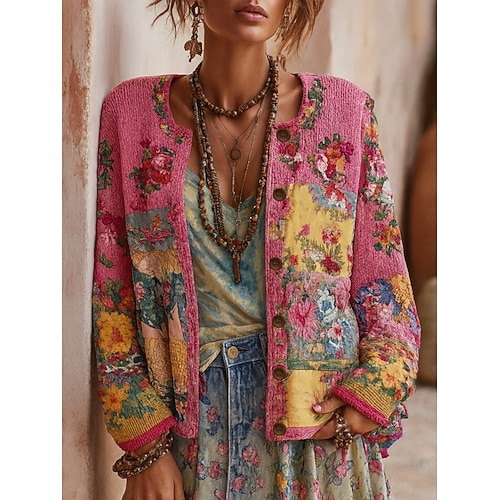  Dames Vest Dagelijks Bloemig Geribd Strakke ronde hals Knop Afdrukken Lange mouw Normale tops breien Buiten Weekend Zwart Geel Lente Herfst