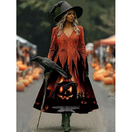  Halloween Dámské Midi šaty Áčkové šaty prázdniny Na běžné nošení Cikánský Plážové Běžný Grafika Abstraktní Dlouhý rukáv Do V Bílá Tmavě červená Fialová Hnědá Jaro Podzim Zima