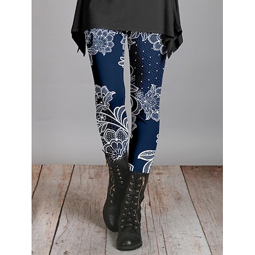  Damskie Getry Urlop Zabytkowe Moda Do kostek Wysoka talia Kwiaty Graficzny Kształt listka Drukowanie Keep Warm Miękka Oddychający Elastyczny Urlop Ulica Czarny Czerwony Granatowy Niebieski Wiosna