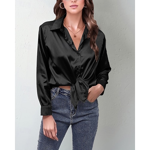  Per donna Camicia Camicia in raso Semplice Elegante Casual Manica Lunga Colletto a Camicia Top Regolari Quotidiano Uscire Bottoni Nero Rosa Vino Rosso Blu marino Primavera Autunno