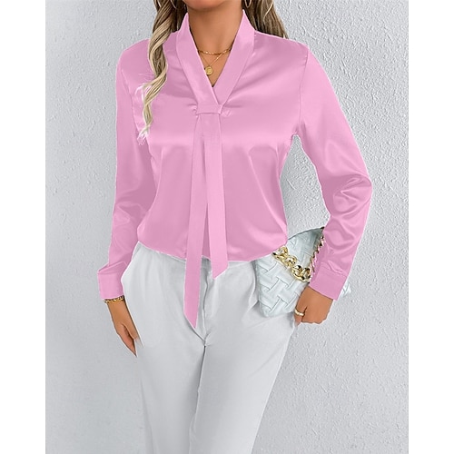 Femmes Chemise Chemise en satin Couleur Unie Élégant Occasionnel manche longue Col en V Hauts Réguliers Quotidien Sortir Nœud devant Rose Claire Rouge Printemps Automne