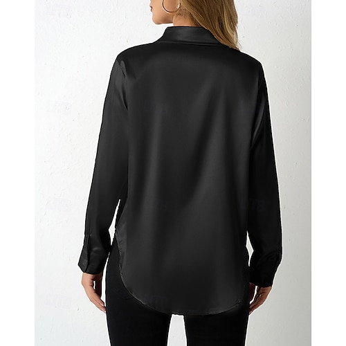  Per donna Camicia Camicia in raso Tinta unica Vintage Tropicale Elegante Manica Lunga Scollo a V Colletto a Camicia Top Regolari Quotidiano Uscire Bottoni Nero Cammello Marrone Grigio scuro Grigio
