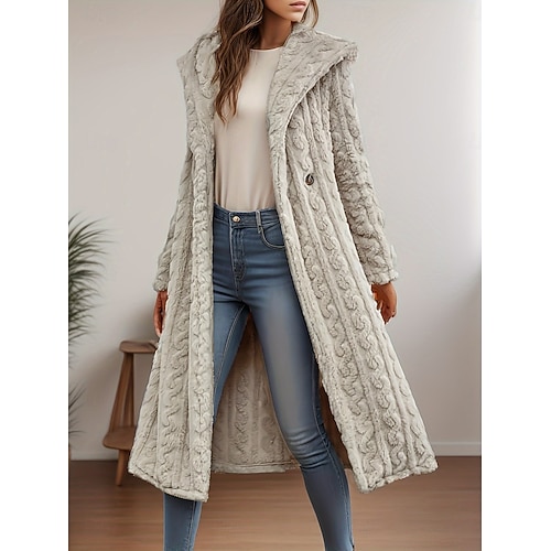  Dam Vinterkappa Sherpajacka Bekväm Andningsfunktion Ficka Ledigt Slät Semester Gata Ledigt Dagliga kläder Öppen front Lång Huva Normal Långärmad Ytterkläder Svart Aprikos Beige Vår Höst