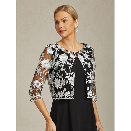  Жен. Блейзер Легкость Кружева Вышивка Элегантный стиль Цветочный принт Официальные Короткая "Круглый вырез ""под горло""" Стандартный Рукав 3/4 Верхняя одежда Черный Лето Весна
