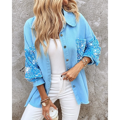  Women's Casual Jacket Comfortable Breathable Pocket Buttons Casual Street Style Color Block Vacation Street Casual Daily Wear Single Breasted Short Turndown Regular Fit Long Sleeve Outerwear Blue