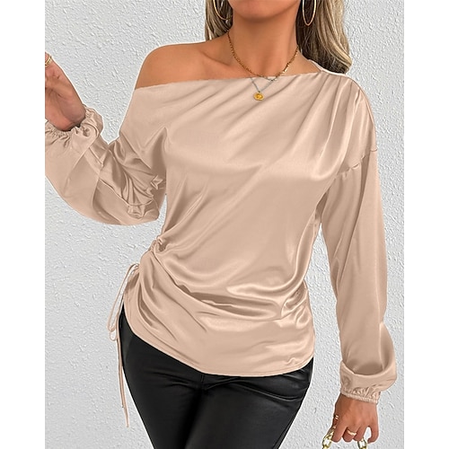  Dames Overhemd Satijnen overhemd Effen Kleur Stijlvol Casual Lange mouw Schouderafhangend koude schouder Normale tops Dagelijks Uitgaan Asymmetrisch Blozend Roze Abrikoos Lente Herfst