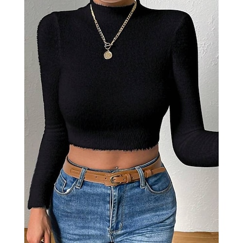  Femmes Pull Mode Occasionnel Couleur Unie Côtelé Col montant Tricoté manche longue Hauts Réguliers Tricoter Extérieur Quotidien Week-end Noir Blanche Automne Hiver