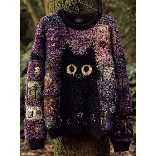 Pull pour femmes imprimé chat noir mignon street wear décontracté graphique animal col rond patchwork tricoté manches longues hauts réguliers tricot violet orange automne hiver