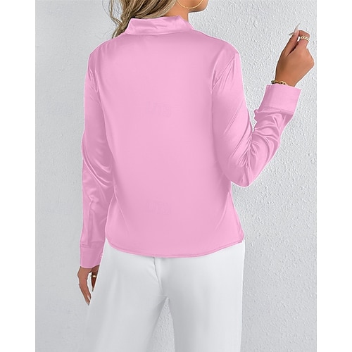  Femmes Chemise Chemise en satin Couleur Unie Élégant Occasionnel manche longue Col en V Hauts Réguliers Quotidien Sortir Nœud devant Rose Claire Rouge Printemps Automne