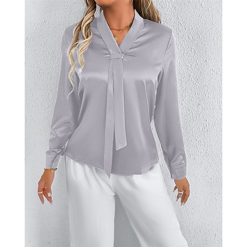  Per donna Camicia Camicia in raso Tinta unica Elegante Casual Manica Lunga Scollo a V Top Regolari Quotidiano Uscire Nodo frontale Verde Grigio chiaro Primavera Autunno