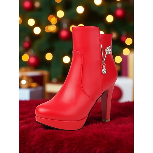 Women's Red High Heel Ankle Boots with Platform and Zipper Charm Elegant Faux Leather Dress Booties for Christmas Party, Winter Fashion and Evening Outfits 2026 - $69.99 Women's Red High Heel Ankle Boots with Platform and Zipper Charm Elegant Faux Leather Dress Booties for Christmas Party, Winter Fashion and Evening Outfits 2026 - $69.99