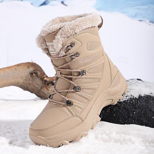 Unisex Snow Boots High Top Fur Lined Shoes Khaki Womens Platform Snow Boots Hoop and Loop Slip on Comfy Furry  main image 3