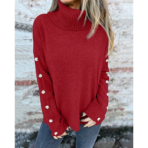  Damen Pullover Mode Streetwear Lässig Einfarbig Gerippt Rollkragen Knöpfe Gestrickt Langarm Normale Oberteile Stricken Outdoor Täglich Wochenende Wein Herbst Winter
