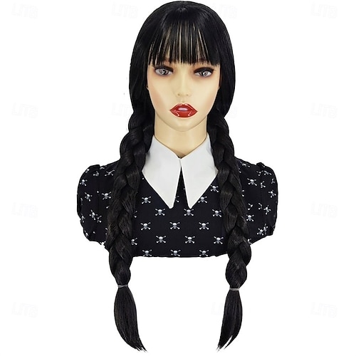 Parrucca nera con frangia e lunghe trecce per donne e ragazze parrucca per cosplay della Famiglia Addams