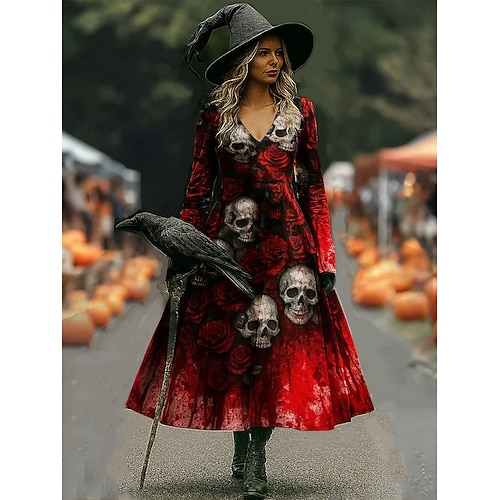  Halloween Women's Maxi Dress A Line Dress Vacation Casual Boho Beach Regular Fit Graphic Skull Bull Long Sleeve V Neck Black Wine Dark Grey Spring Fall