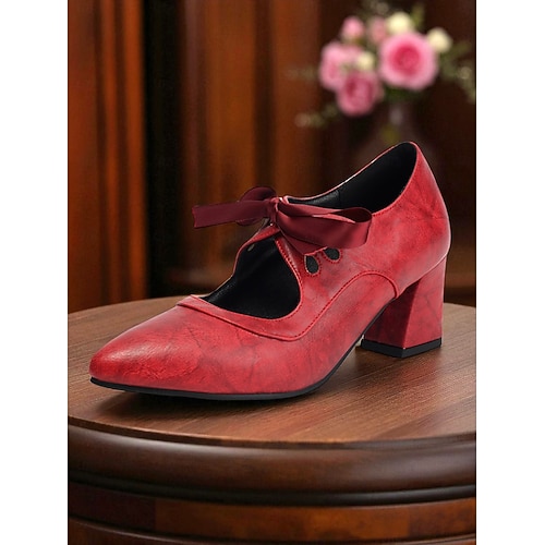 Zwarte Mary Jane-hakken met strik in jaren 50-stijl voor dames – retro pumps met dikke hak en uitsparingen voor dagelijks vintage gebruik en swingdansen