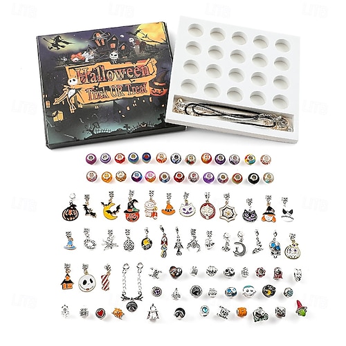  Halloween Advent Calendar Halloween Treasures Charm Bracelet 24 Days DIY Jewelry Making Kit with 20 Charm Beads and 3 Adjustable Bracelets, Xmas Countdown Gift for Kids Teens Women