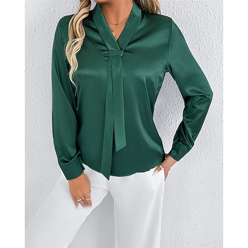  Per donna Camicia Camicia in raso Tinta unica Elegante Casual Manica Lunga Scollo a V Top Regolari Quotidiano Uscire Nodo frontale Verde Grigio chiaro Primavera Autunno
