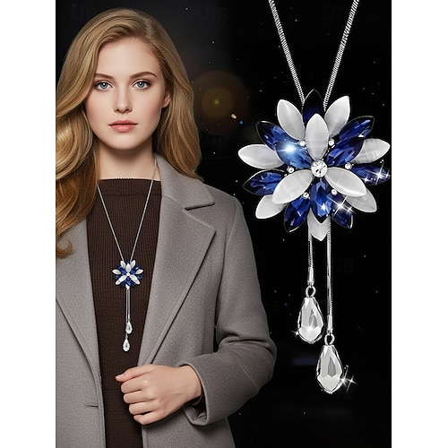  Snøfnugg-anhengskjede til dame – elegante lange smykker med krystalldetaljer for damer, vintermote og julegave