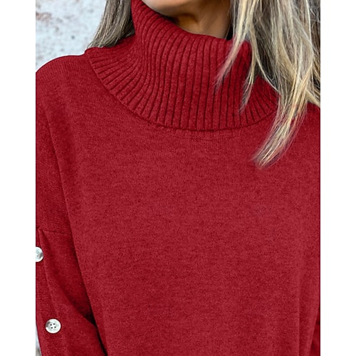  Damen Pullover Mode Streetwear Lässig Einfarbig Gerippt Rollkragen Knöpfe Gestrickt Langarm Normale Oberteile Stricken Outdoor Täglich Wochenende Wein Herbst Winter