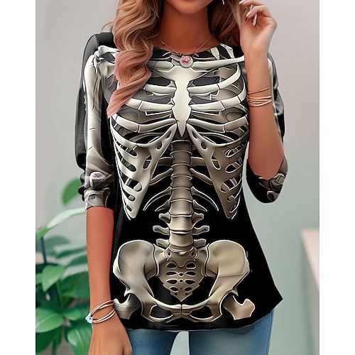  ハロウィン ウィメンズ Tシャツ スケルトン スカル グラフィック スケルトン ヴィンテージ ファッション スタイリッシュ ロングスリーブ クルーネック ラウンドネック レギュラー トップス デイリー ウィークエンド プリント ブラック ワイン ダーク グレー 夏 春 秋